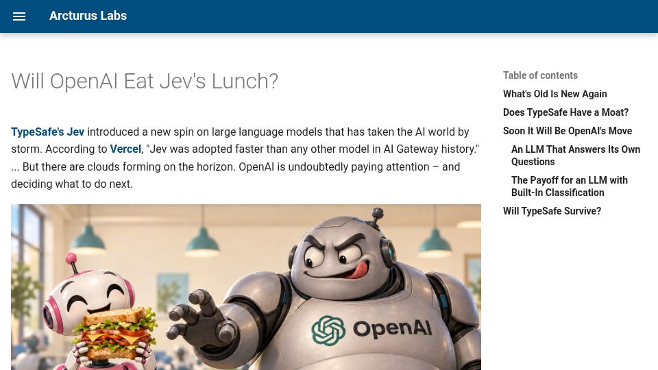 Screenshot of arcturus-labs.com: OpenAI is well positioned to fast-follow Jev
