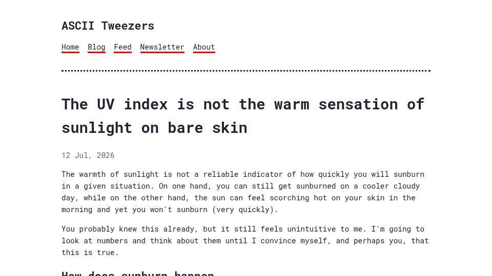 Screenshot of blog.asciitweezers.com: The UV index is not the warm sensation of sunlight on bare skin