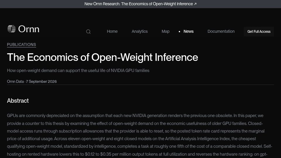 Screenshot of data.ornn.com: The Economics of Open-Weight Inference