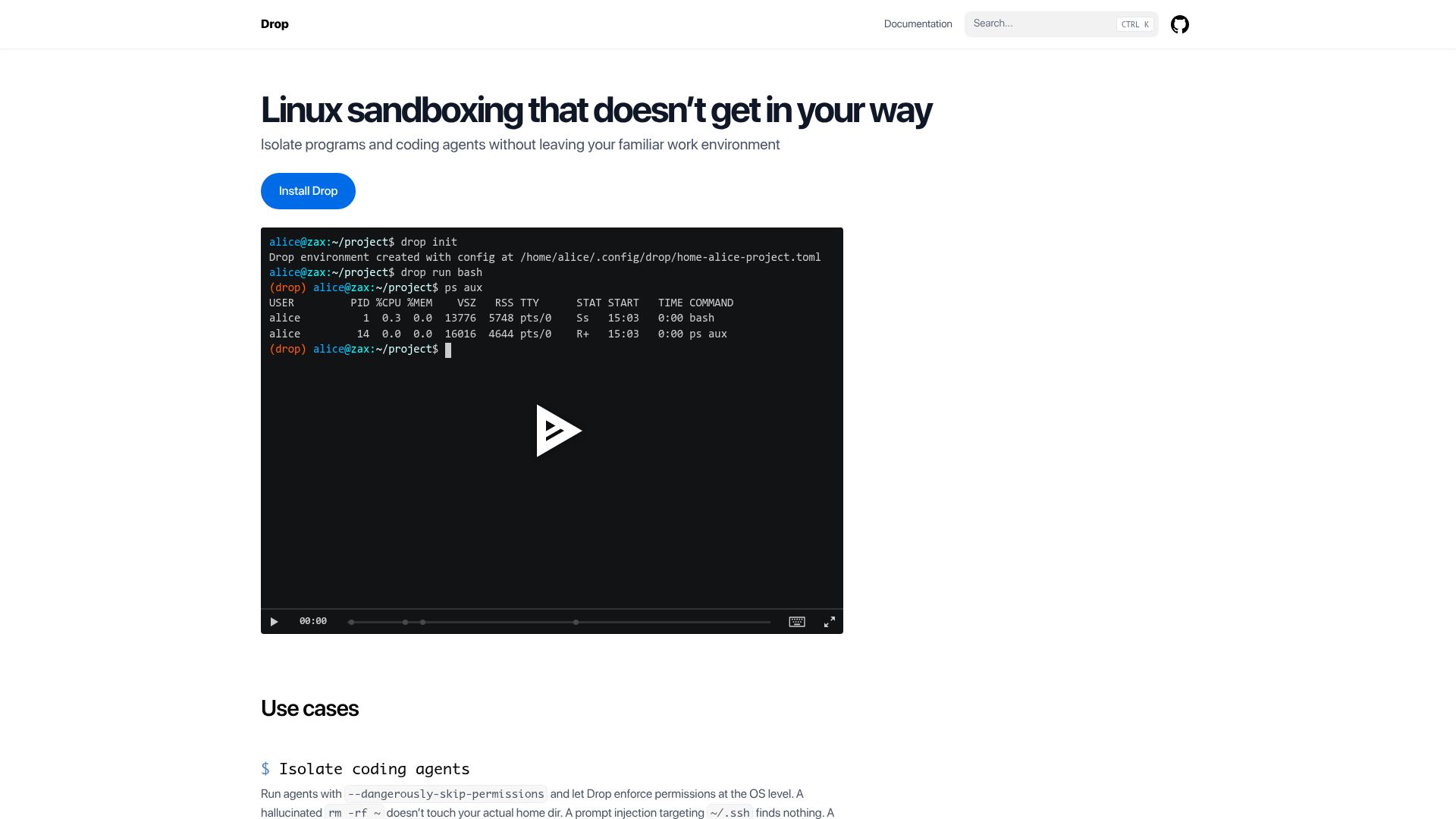 Screenshot of droprun.sh: Show HN: Drop – A rootless Linux sandbox with gVisor support