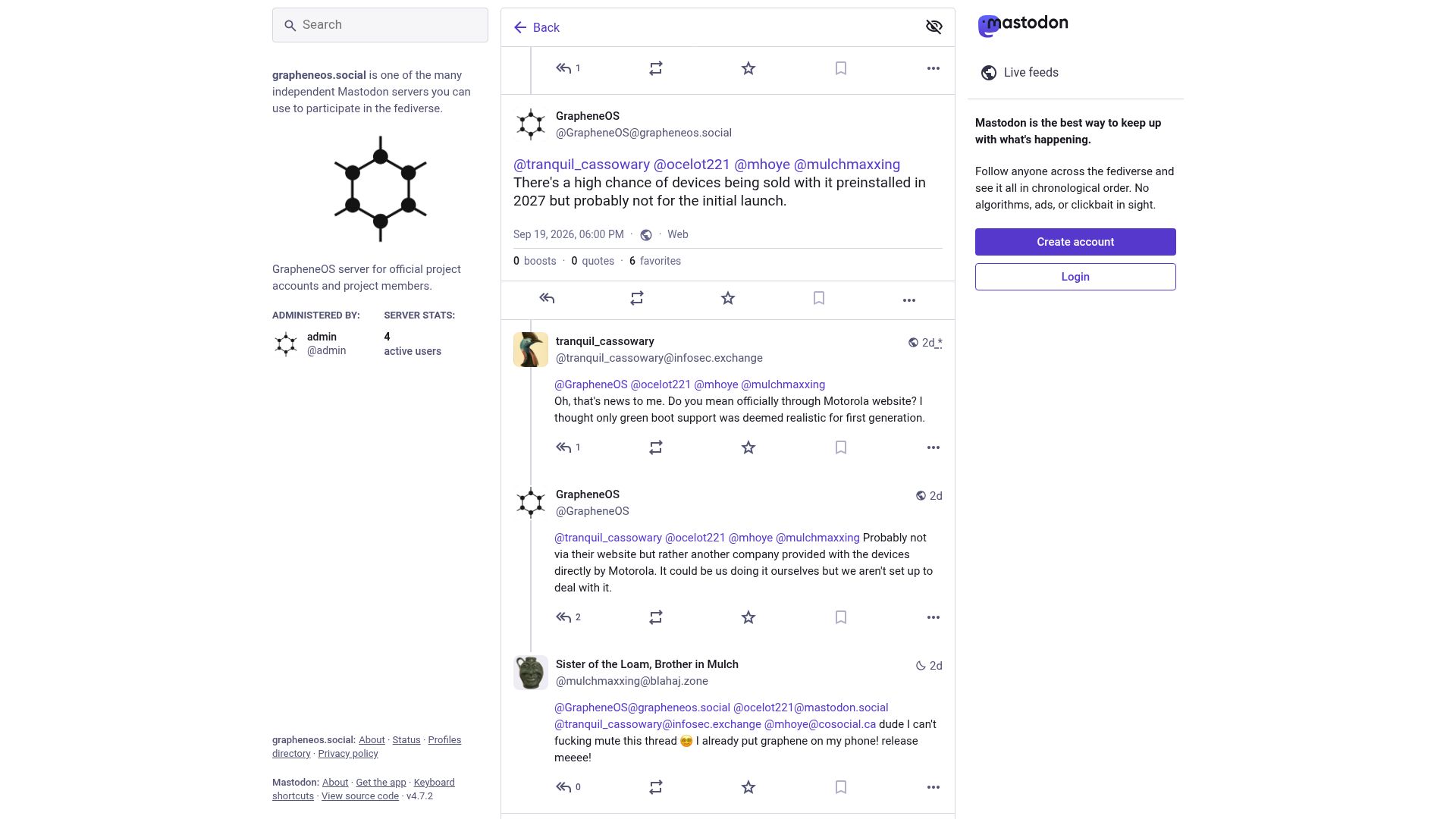 Screenshot of grapheneos.social: There's a high chance of devices being sold with GrapheneOS preinstalled in 2027