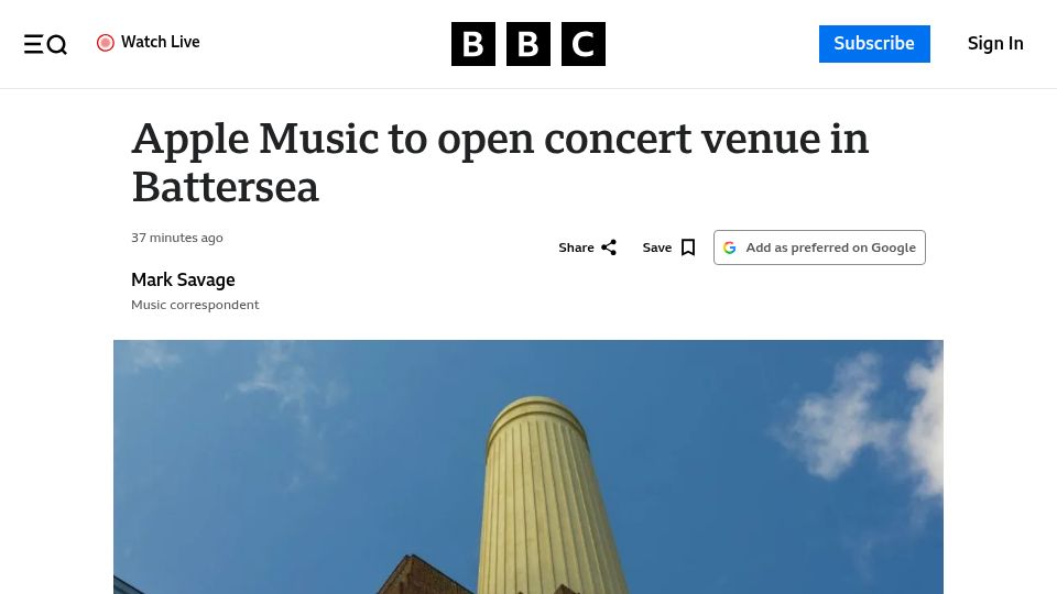 Screenshot of bbc.com: Apple Music to open concert venue in Battersea Power Station