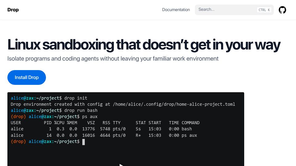 Screenshot of droprun.sh: Show HN: Drop – A rootless Linux sandbox with gVisor support