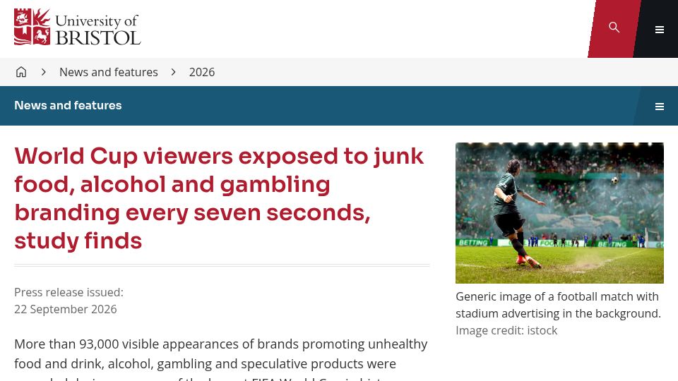 Screenshot of bristol.ac.uk: 9 Ads per Minute: FIFA Cup 26 – "the price of the beautiful game"