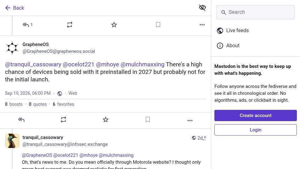 Screenshot of grapheneos.social: There's a high chance of devices being sold with GrapheneOS preinstalled in 2027