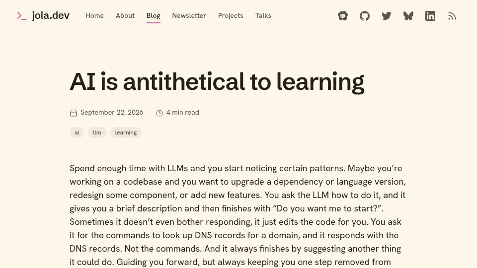 Screenshot of jola.dev: AI Is Antithetical to Learning