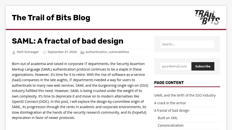 Screenshot of blog.trailofbits.com: SAML: A fractal of bad design