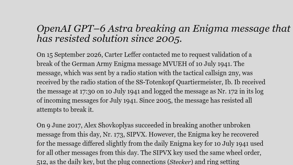 Screenshot of cryptocellar.org: OpenAI GPT–6 Astra breaks Enigma message that has resisted solution since 2005