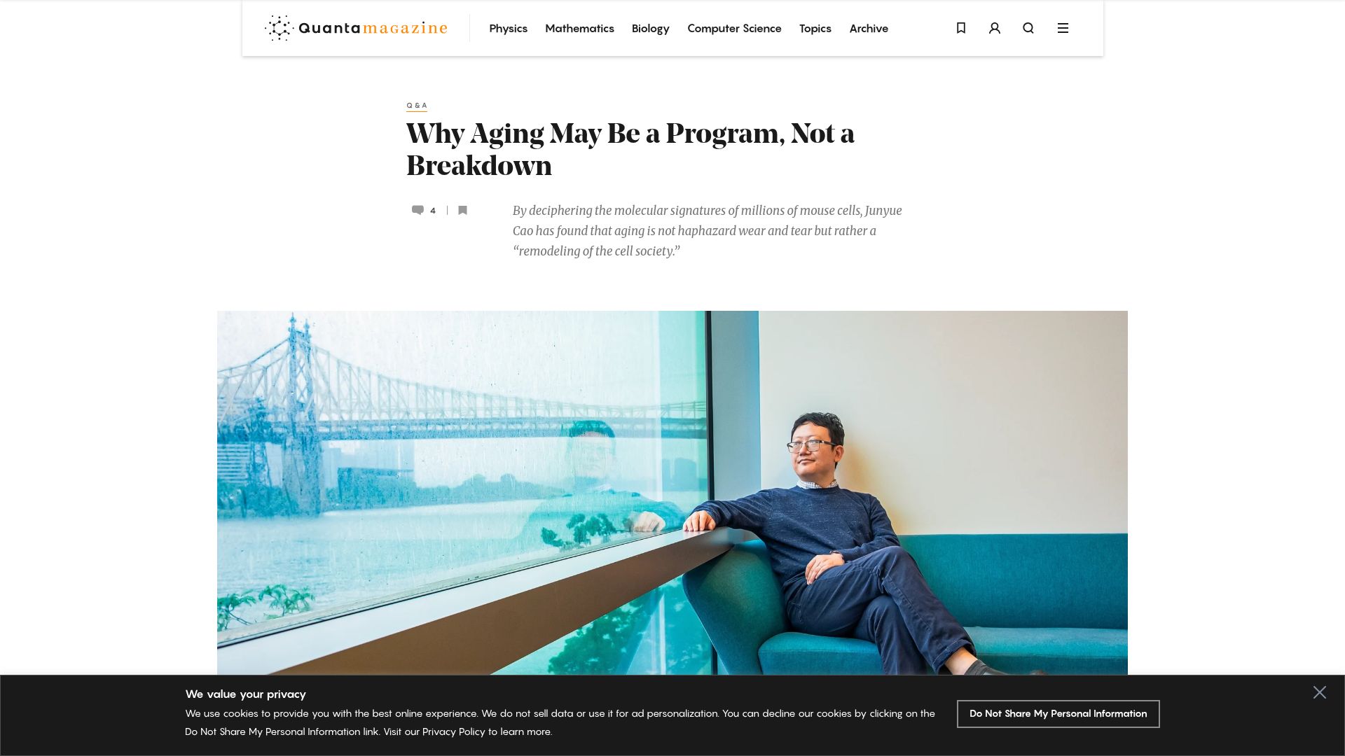 Screenshot of quantamagazine.org: Aging may be a program, not a breakdown