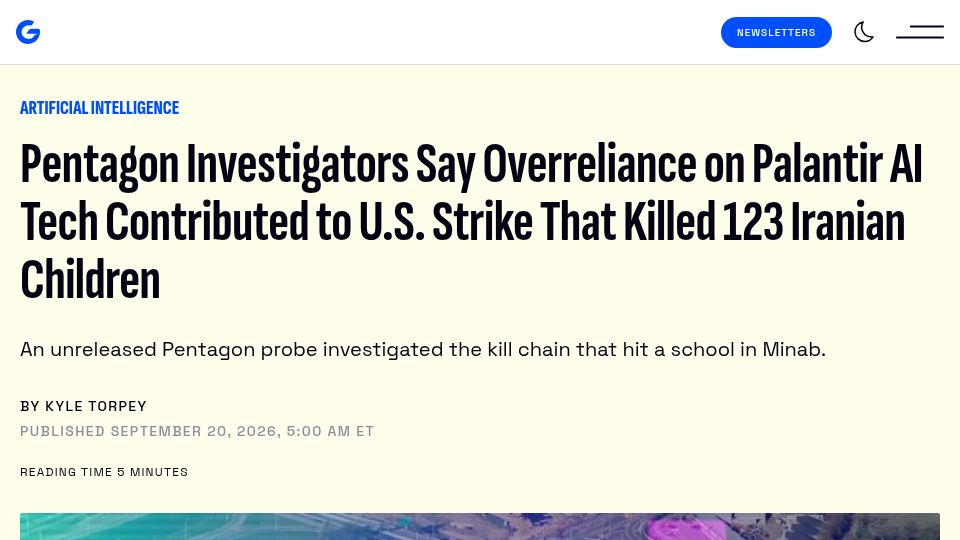 Screenshot of bloomberg.com: Pentagon says overreliance on AI contributed to missile strike on Iran school