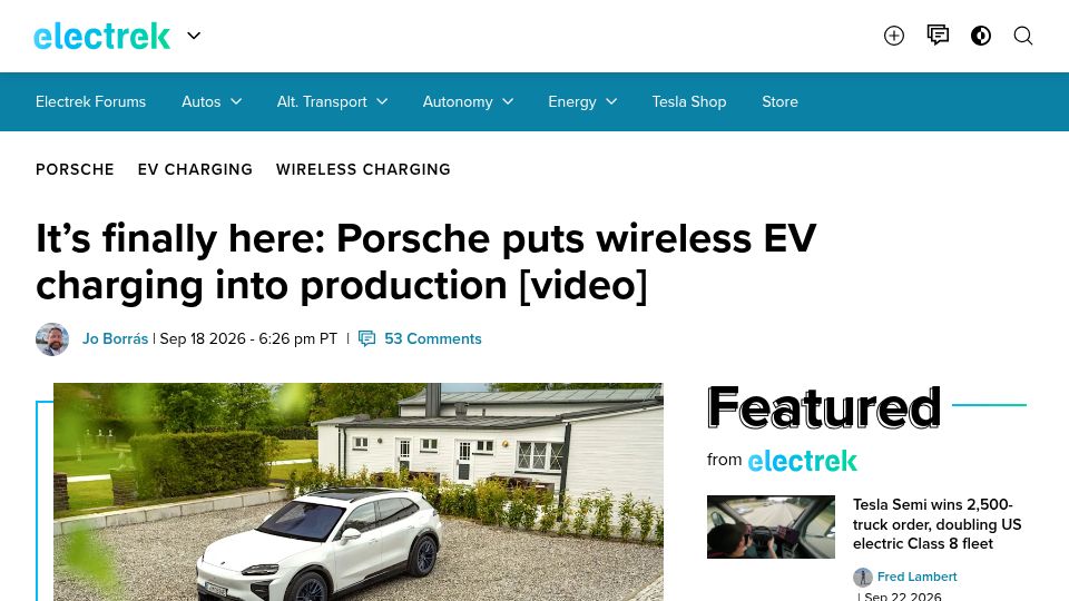 Screenshot of electrek.co: Porsche puts wireless EV charging into production