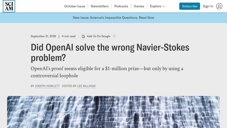 Screenshot of scientificamerican.com: Did OpenAI solve the wrong Navier-Stokes problem?