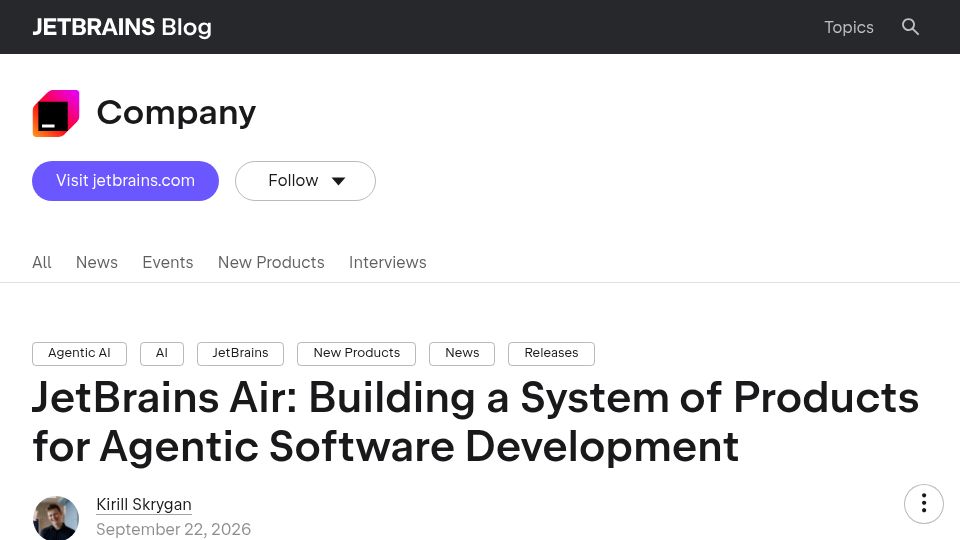 Screenshot of blog.jetbrains.com: JetBrains Air: A System of Products for Agentic Software Development