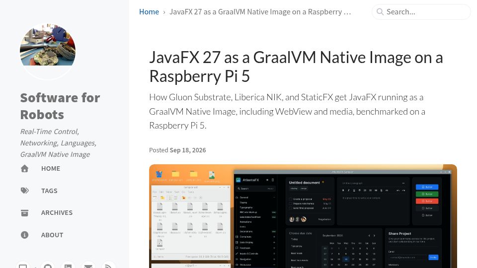 Screenshot of ennerf.github.io: JavaFX 27 Native Image on a Raspberry Pi 5