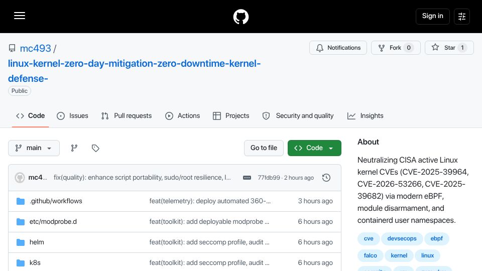 Screenshot of github.com: Zero-downtime Linux kernel zero-day mitigation via eBPF and SECCOMP