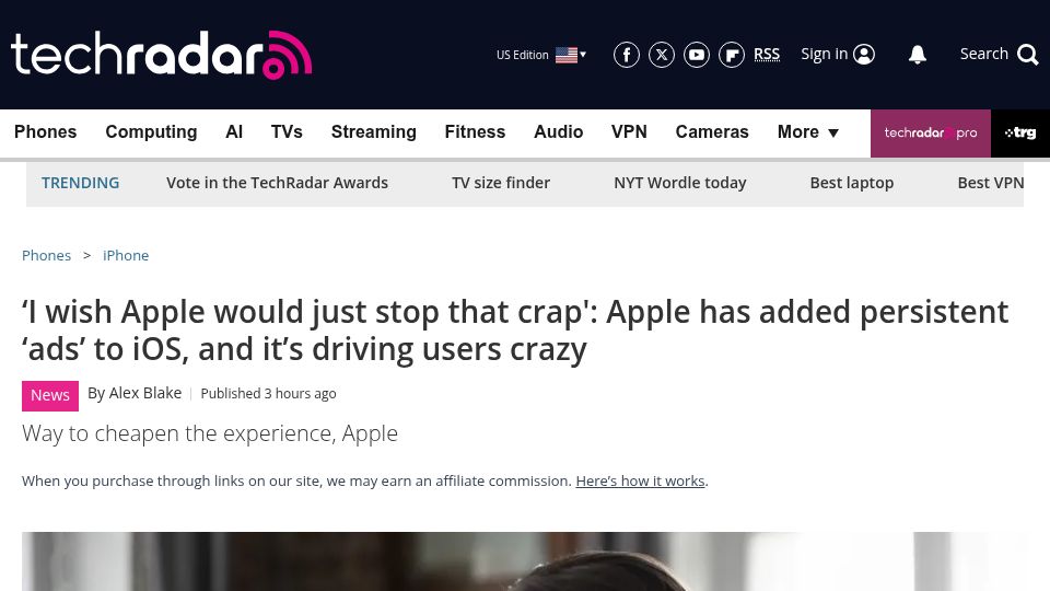 Screenshot of techradar.com: Apple has added persistent 'ads' to iOS, and it's driving users crazy