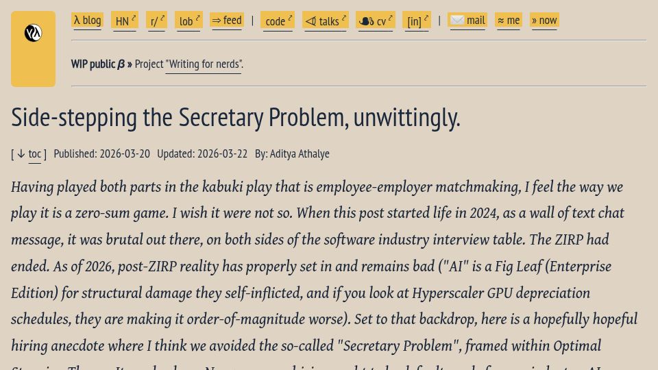 Screenshot of evalapply.org: Side-stepping the Secretary Problem, unwittingly