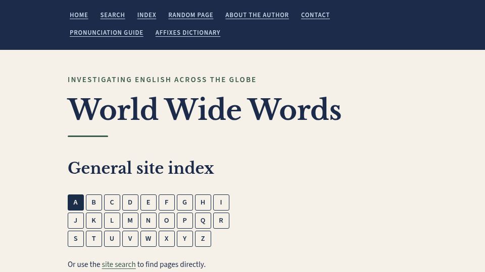 Screenshot of worldwidewords.org: World Wide Words