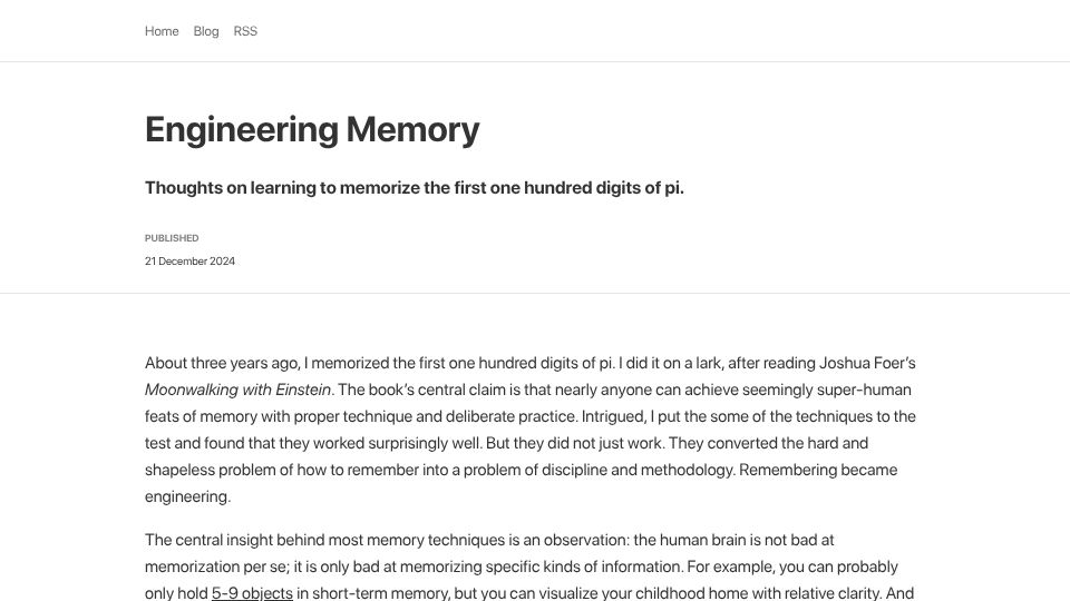 Screenshot of gregorygundersen.com: Engineering Memory: On learning to memorize first 100 digits of pi (2024)