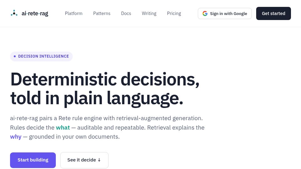 Screenshot of ai-rete-rag.com: Show HN: AI·rete·RAG – a Rete rule engine decides, RAG explains why