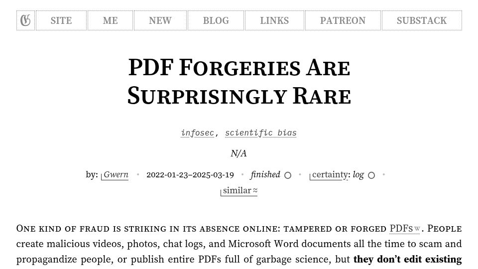Screenshot of gwern.net: PDF Forgeries Are Surprisingly Rare (2022)