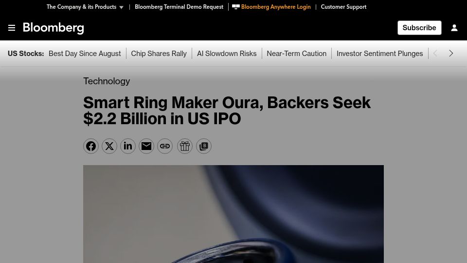 Screenshot of bloomberg.com: Smart Ring Maker Oura, Backers Seek $2.2B in US IPO