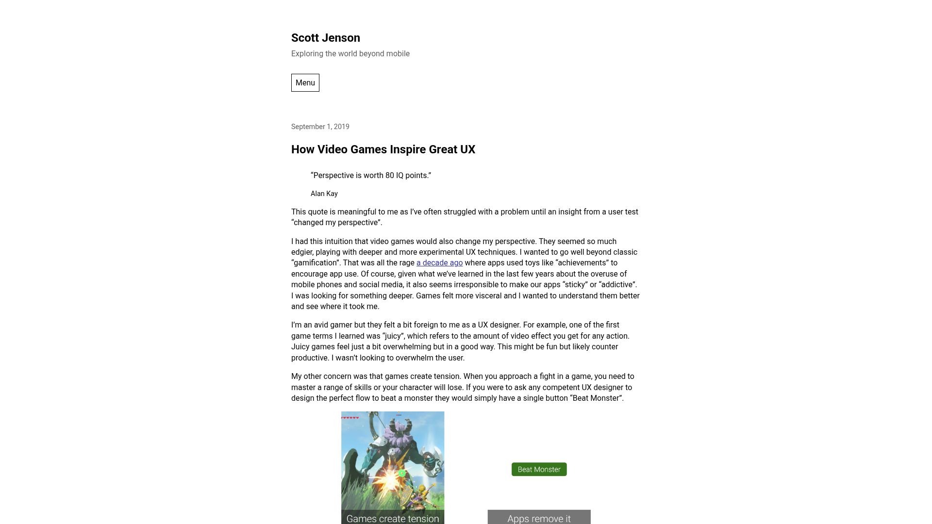Screenshot of jenson.org: How video games inspire great UX (2019)