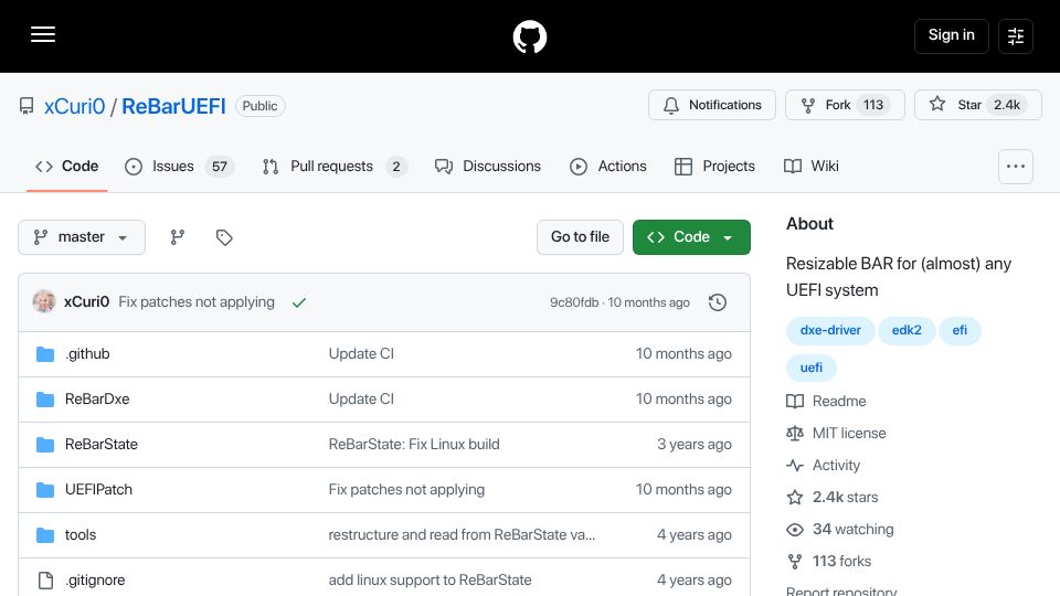 Screenshot of github.com: ReBarUEFI: Resizable BAR for almost any UEFI system