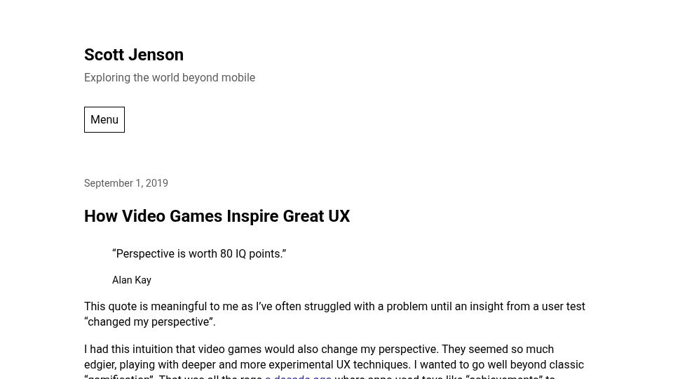 Screenshot of jenson.org: How video games inspire great UX (2019)