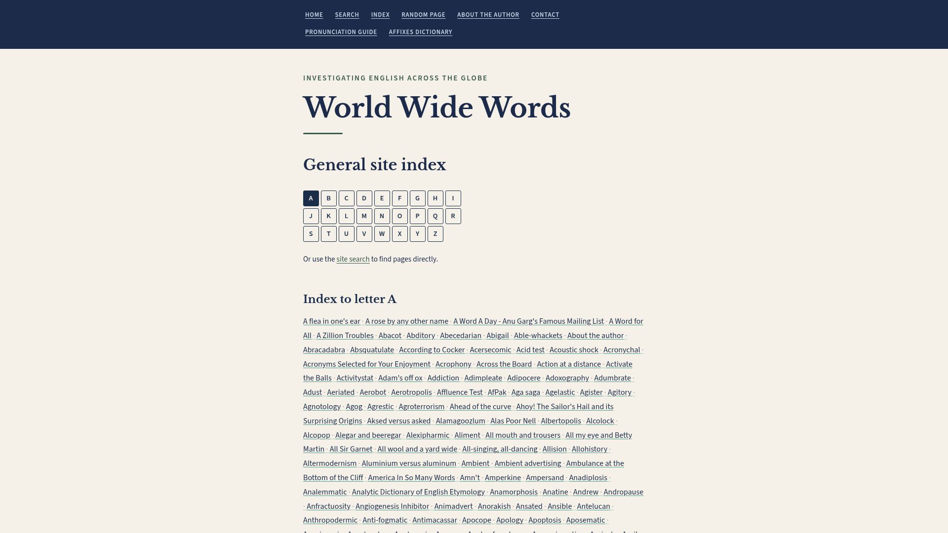 Screenshot of worldwidewords.org: World Wide Words
