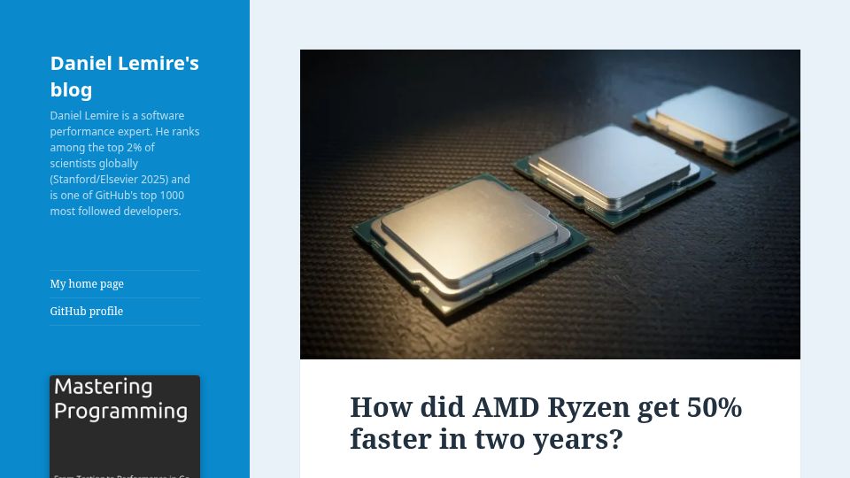 Screenshot of lemire.me: How did AMD Ryzen get 50% faster in two years?