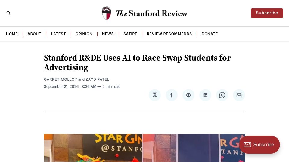 Screenshot of stanfordreview.org: Stanford R&DE Uses AI to Race Swap Students for Advertising