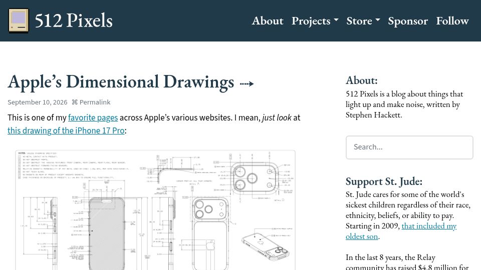 Screenshot of 512pixels.net: Apple's Dimensional Drawings