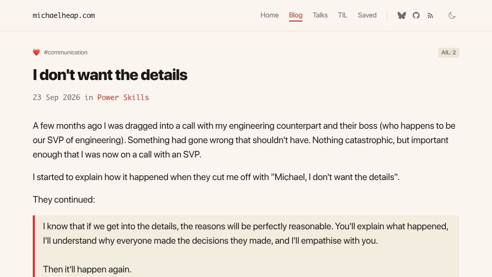 Screenshot of michaelheap.com: I don't want the details