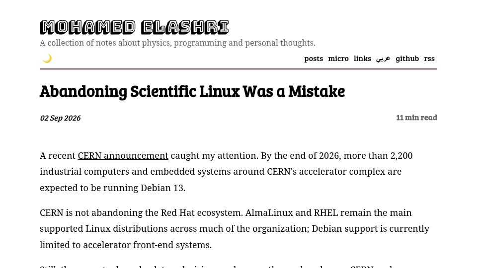 Screenshot of blog.melashri.net: Abandoning Scientific Linux Was a Mistake