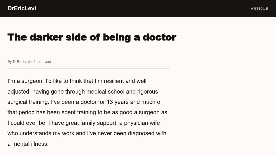 Screenshot of drericlevi.pages.dev: The darker side of being a doctor