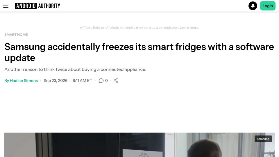 Screenshot of androidauthority.com: Samsung accidentally freezes its smart fridges with a software update
