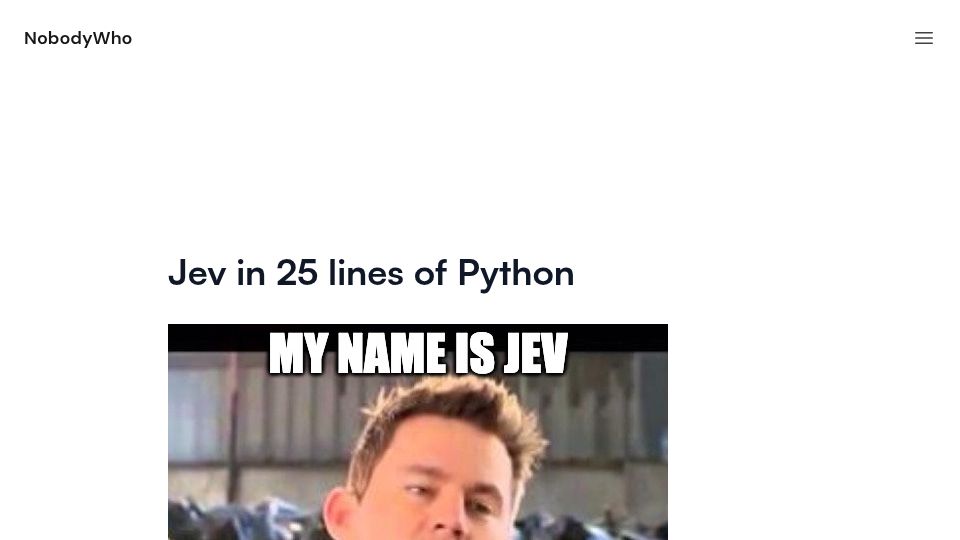 Screenshot of nobodywho.ai: Jev in 25 Lines of Python