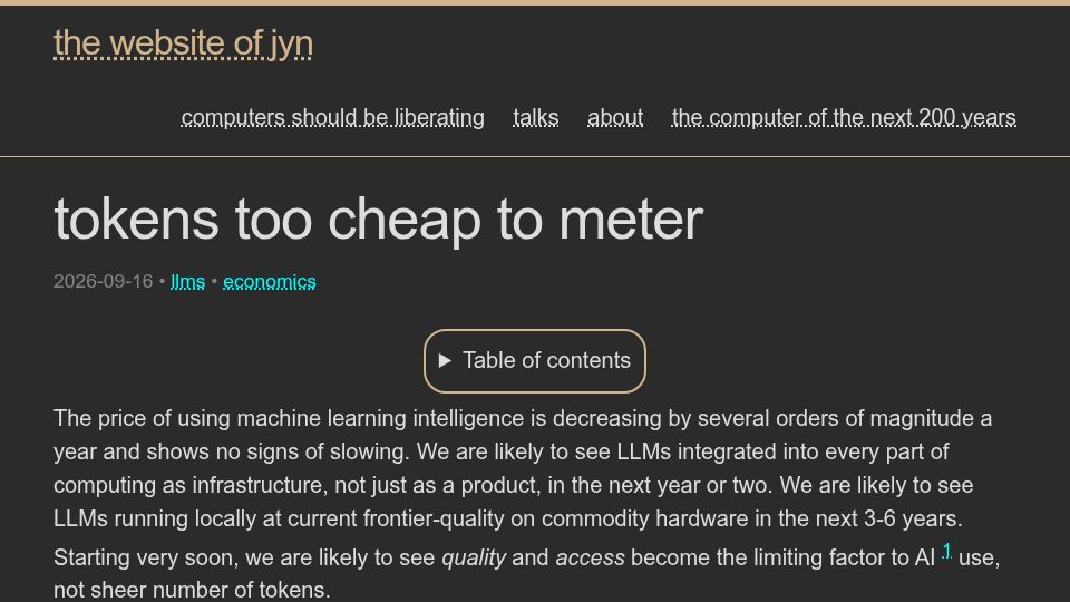 Screenshot of jyn.dev: Tokens too cheap to meter