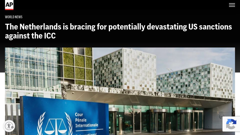 Screenshot of apnews.com: Netherlands bracing for potentially devastating US sanctions against the ICC