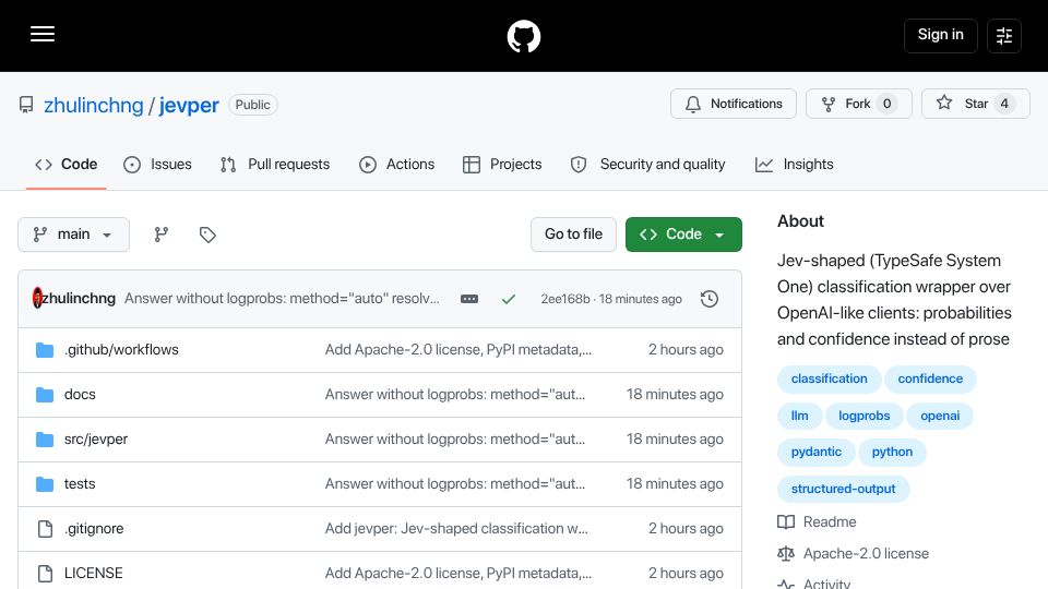 Screenshot of github.com: Show HN: Jevper – the Jev interface on top of any OpenAI-compatible model