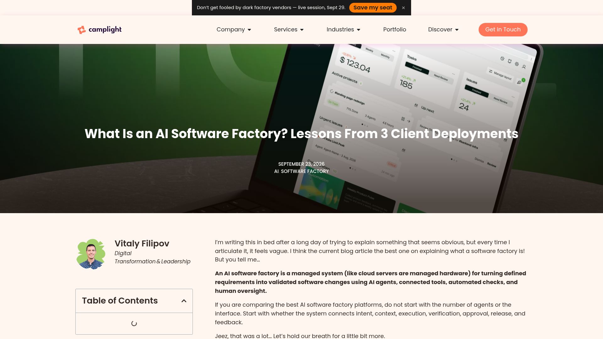 Screenshot of camplight.net: What Is an AI Software Factory? Lessons from 3 Client Deployments