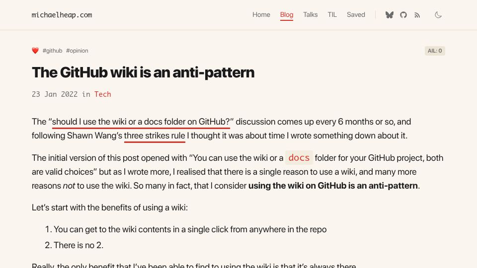 Screenshot of michaelheap.com: The GitHub wiki is an anti-pattern (2022)