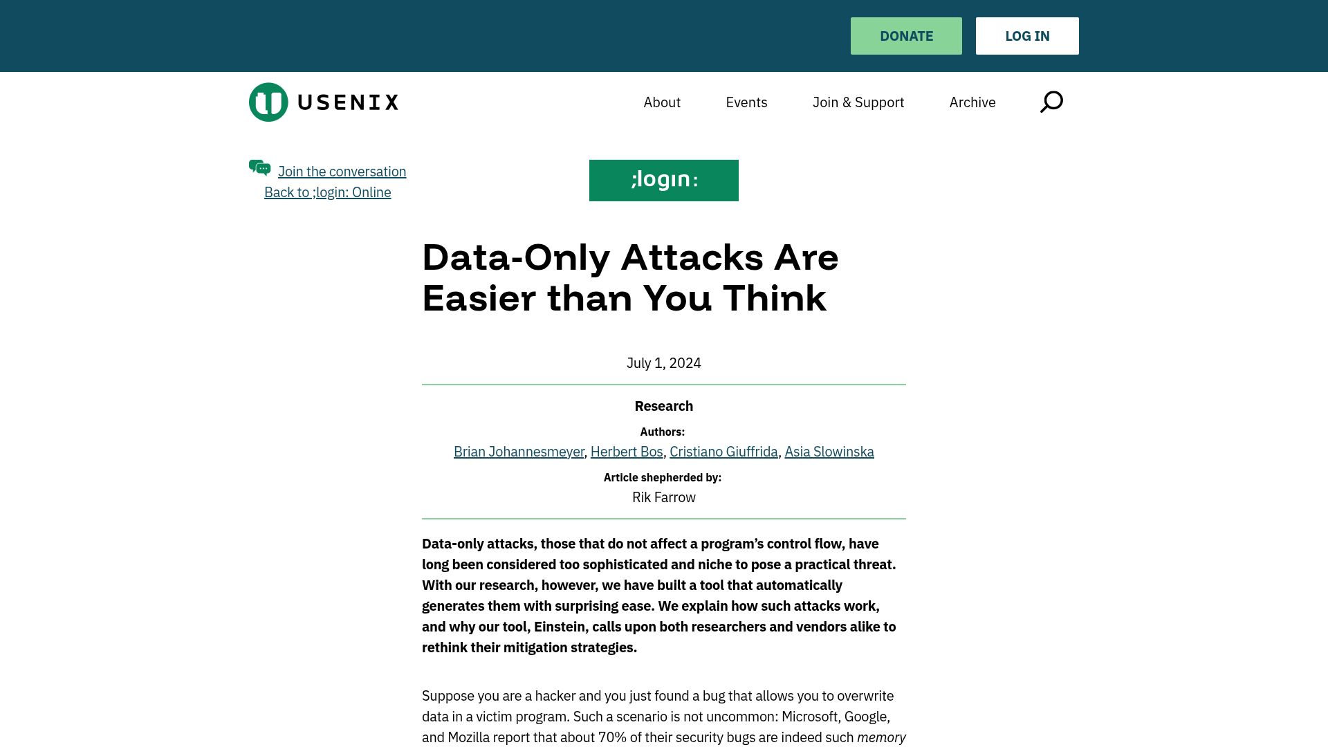 Screenshot of usenix.org: Data-only attacks are easier than you think (2024)