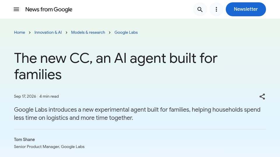 Screenshot of blog.google: The new CC, an AI agent built for families