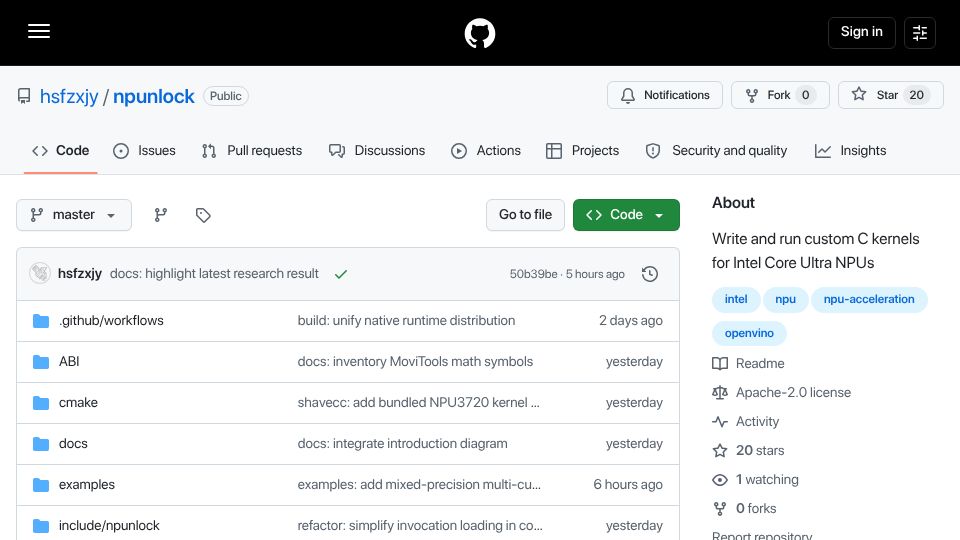 Screenshot of github.com: Show HN: Npunlock – Run custom C kernels for Intel NPUs