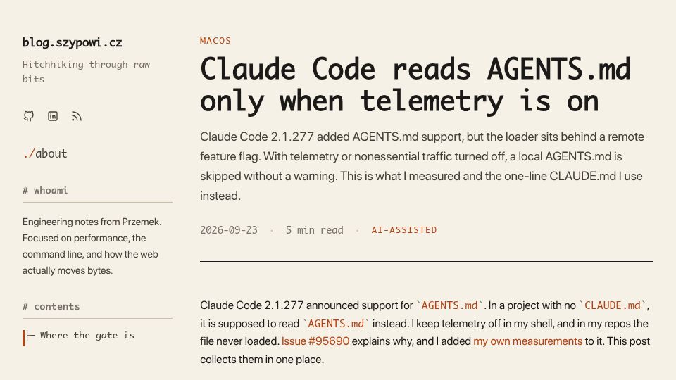 Screenshot of blog.szypowi.cz: Claude Code reads AGENTS.md only when telemetry is on [fixed]