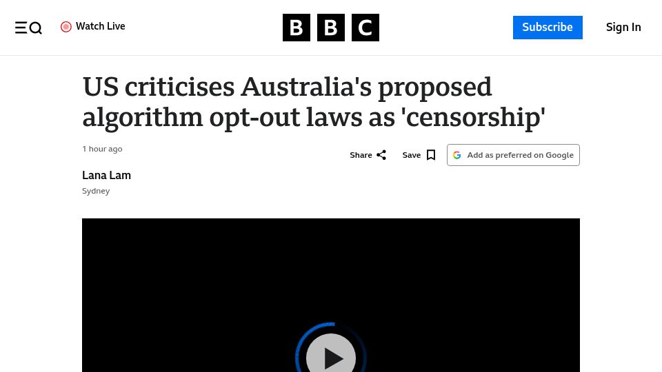 Screenshot of bbc.com: US criticises Australia's proposed algorithm opt-out laws as 'censorship'