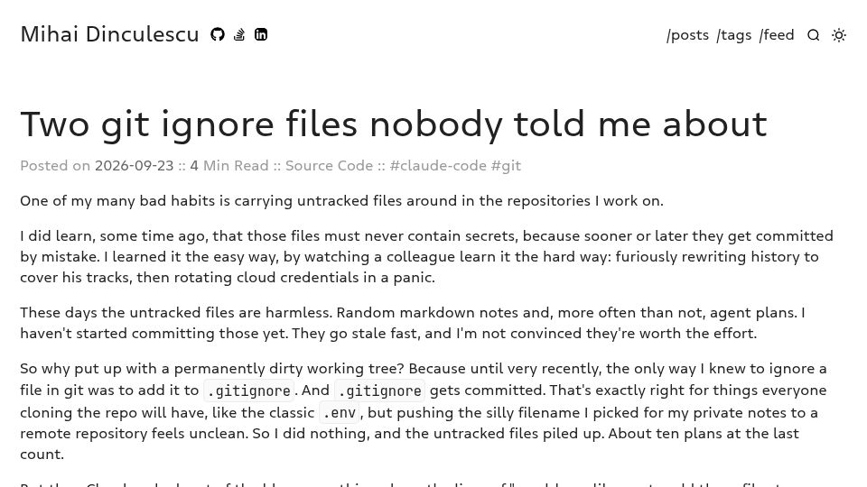 Screenshot of mihai.dinculescu.dev: Two Git ignore files nobody told me about