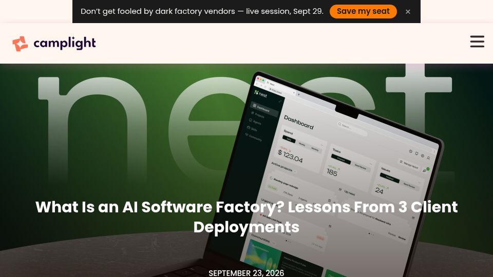 Screenshot of camplight.net: What Is an AI Software Factory? Lessons from 3 Client Deployments